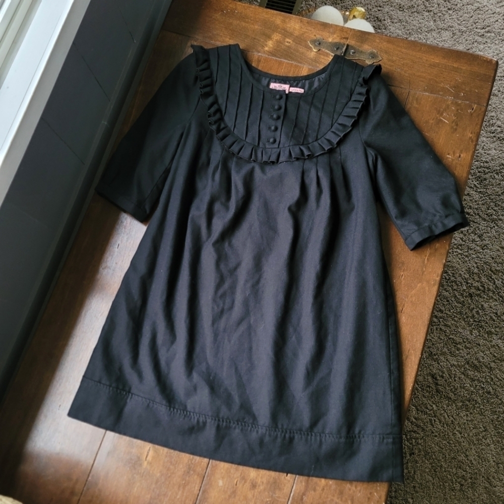 y2k Juicy Couture Wool Bib PintuckRuffle Babydoll Mini Dress sz 4 Black